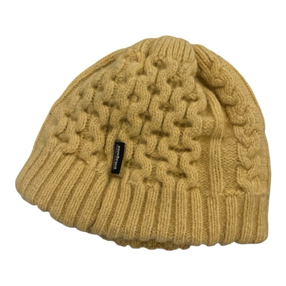 Patagonia Coastal Cable Beanie Metric Gold Yellow Wool Hat 28997 Fleece Lined